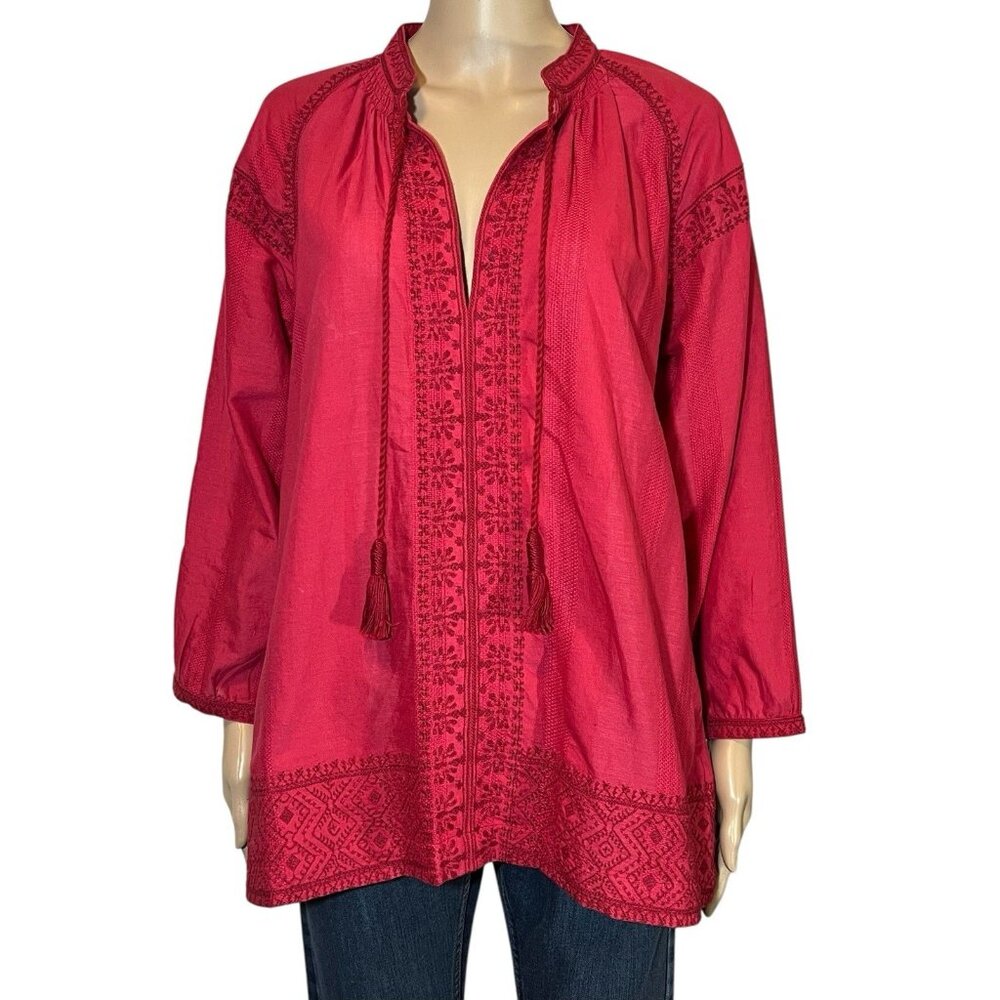Madewell Women’s Medium Top Camellia Boho Embroidered Oversized Red Tunic Cotton - Picture 1 of 13